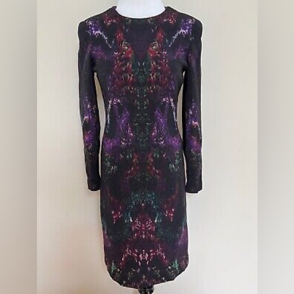 Alexander McQueen Black Purple Green Feather Print Pencil Dress - Picture 4 of 15